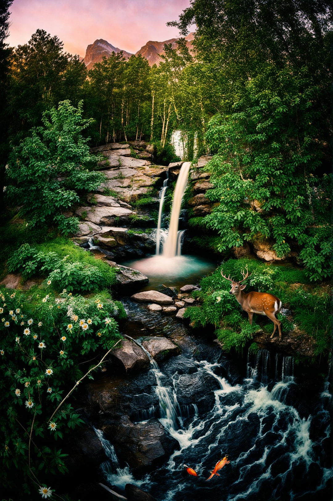 Ultra wide-angle, ground level HD 36K photograph of a tranquil forest with a waterfall, stream with fish, wildflowers, an orange tree, and a deer with fawn grazing by the water's edge, all under the warm, filtered light through the trees against a sunset-illuminated mountain range