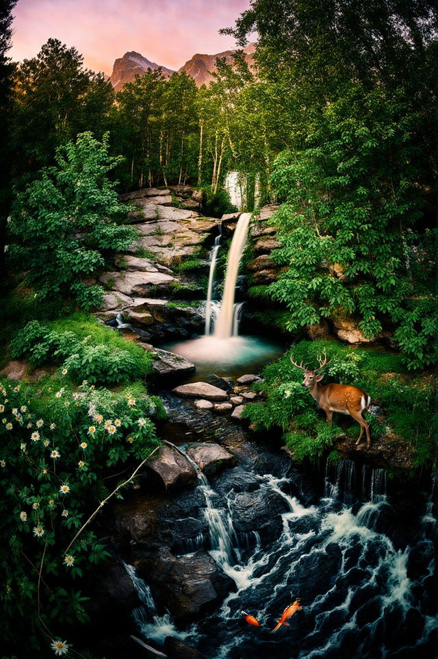 Ultra wide-angle, ground level HD 36K photograph of a tranquil forest with a waterfall, stream with fish, wildflowers, an orange tree, and a deer with fawn grazing by the water's edge, all under the warm, filtered light through the trees against a sunset-illuminated mountain range