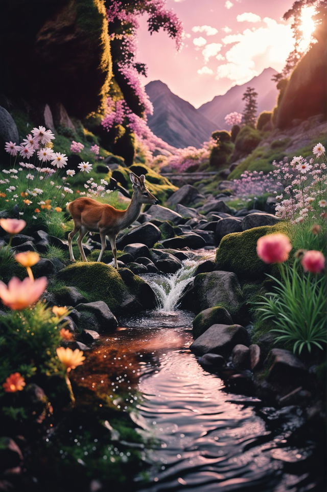 Ultra wide-angle, HD 36K photograph of an uninhabited Japanese forest with a Pink and White Terraces-inspired waterfall, a stream with fish, wildflowers, and a deer with fawn grazing by the water's edge, all under the warm light filtered through the tree canopy against an orange-lit mountain range