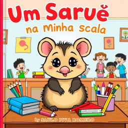 A charming and vibrant book cover illustration for a children's book titled 'Um Saruê na Minha Escola' by Saulo Piva Romero, illustrated in a playful drawing style
