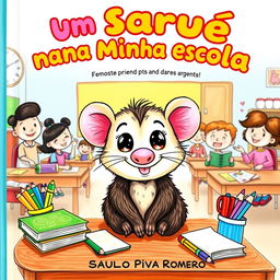 A charming and vibrant book cover illustration for a children's book titled 'Um Saruê na Minha Escola' by Saulo Piva Romero, illustrated in a playful drawing style