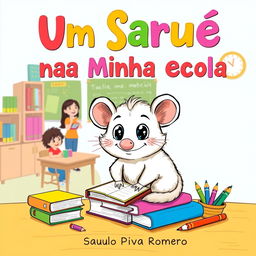 A charming and vibrant book cover illustration for a children's book titled 'Um Saruê na Minha Escola' by Saulo Piva Romero, illustrated in a playful drawing style