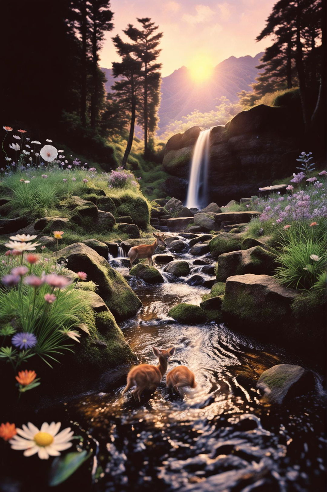 Pulitzer Prize-winning ultra wide-angle, HD 36K photograph of an uninhabited Japanese forest with a Pink and White Terraces-inspired waterfall, a stream with fish, wildflowers, and a deer with fawn grazing by the water's edge, all under the warm light filtered through the tree canopy against an orange-lit mountain range