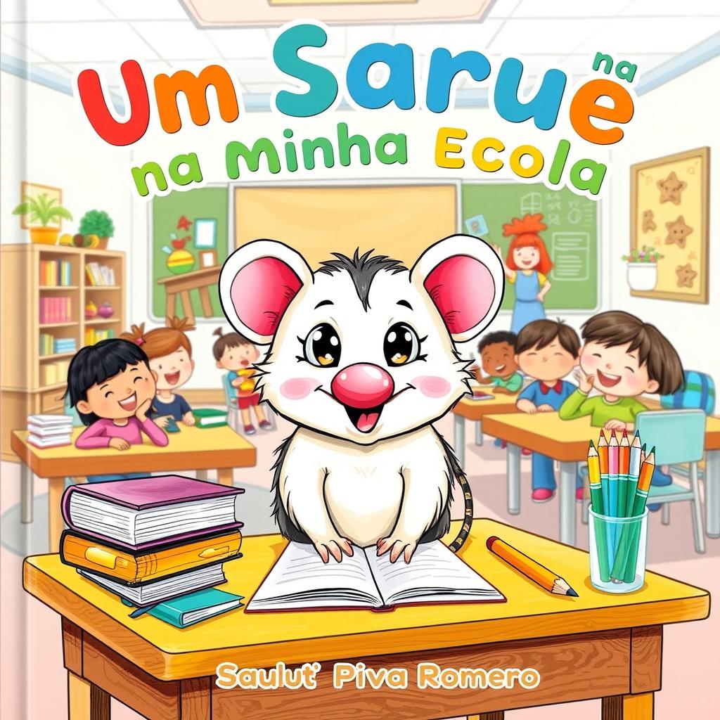 A charming and vibrant book cover illustration for a children's book titled 'Um Saruê na Minha Escola' by Saulo Piva Romero, illustrated in a playful drawing style