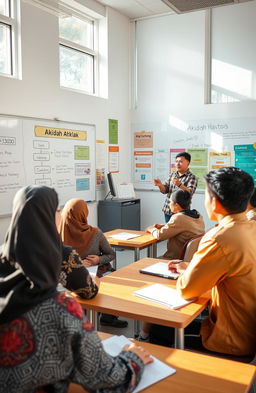 A vibrant classroom scene showing high school students engaging in a lesson about Akidah Ahklak in a modern educational setting