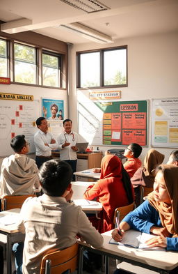 A vibrant classroom scene showing high school students engaging in a lesson about Akidah Ahklak in a modern educational setting