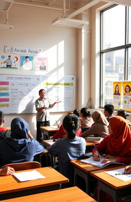 A vibrant classroom scene showing high school students engaging in a lesson about Akidah Ahklak in a modern educational setting