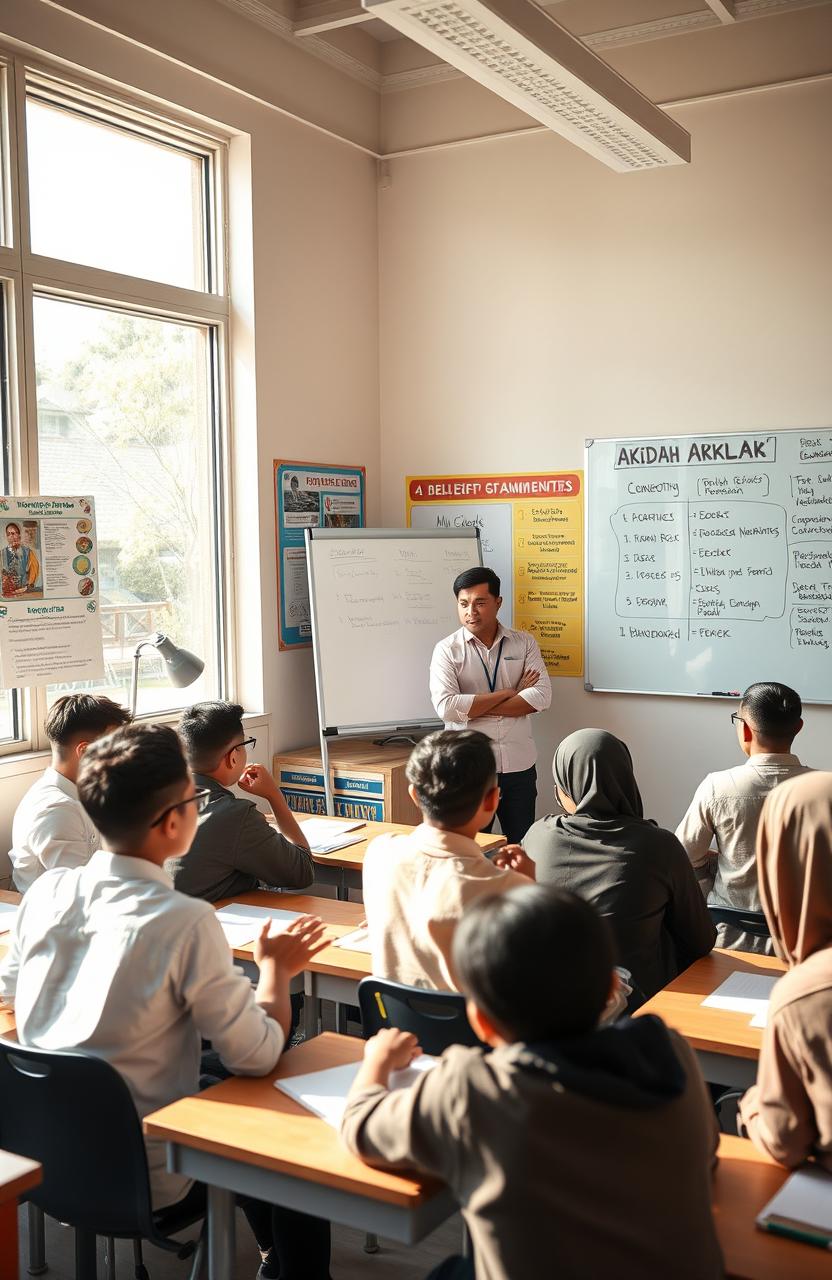 A vibrant classroom scene showing high school students engaging in a lesson about Akidah Ahklak in a modern educational setting