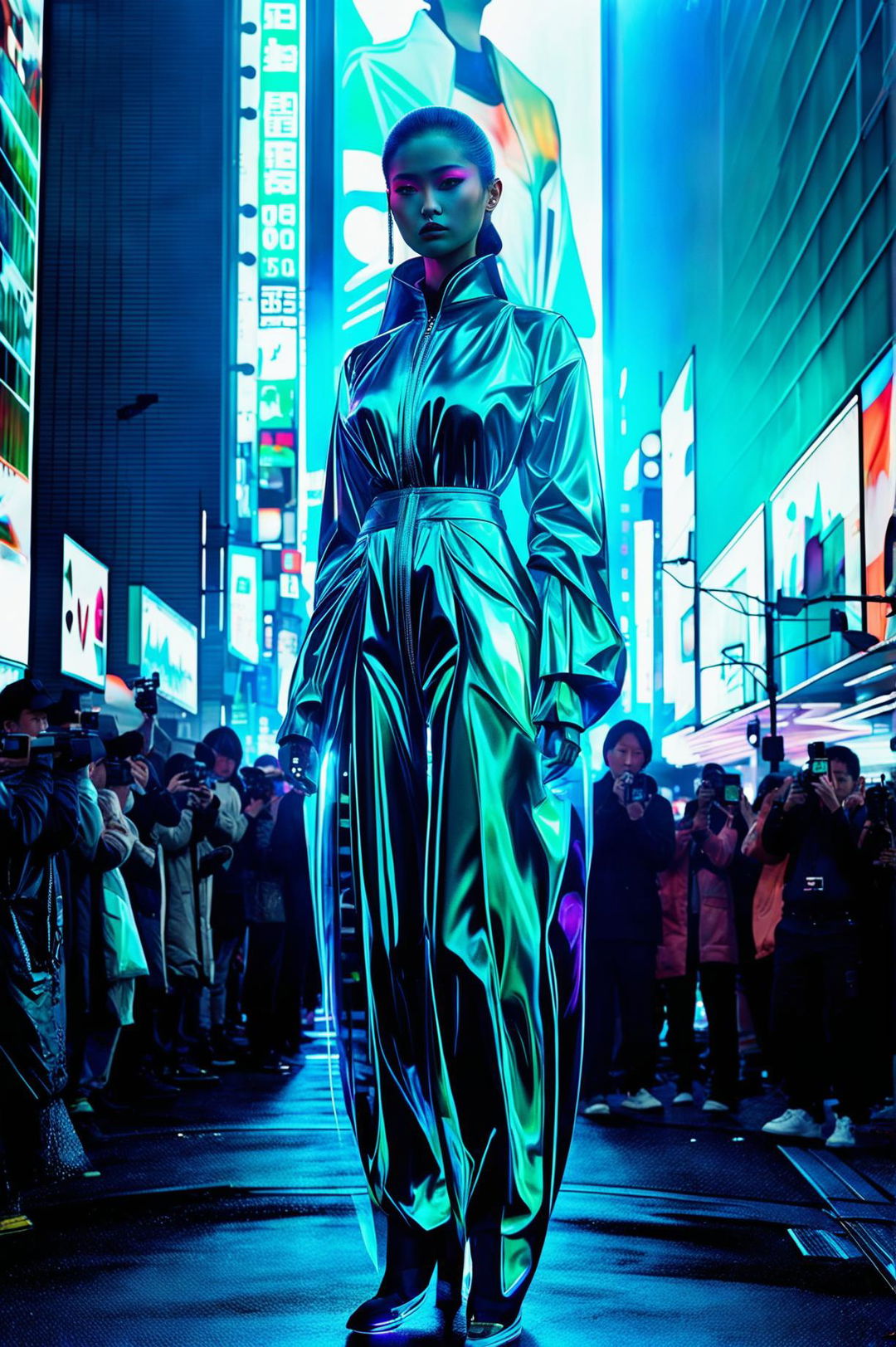 Futuristic Prada-inspired fashion show featuring a giant holographic model strutting through a neon-lit cyberpunk Tokyo street filled with onlookers and paparazzi