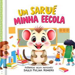 A vibrant and enchanting book cover illustration for a children's book titled 'Um Saruê na Minha Escola' by Saulo Piva Romero