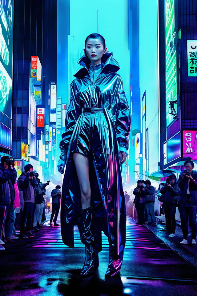 Futuristic Prada-inspired fashion show featuring a giant holographic model as tall as buildings strutting through a neon-lit cyberpunk Tokyo street filled with onlookers and paparazzi