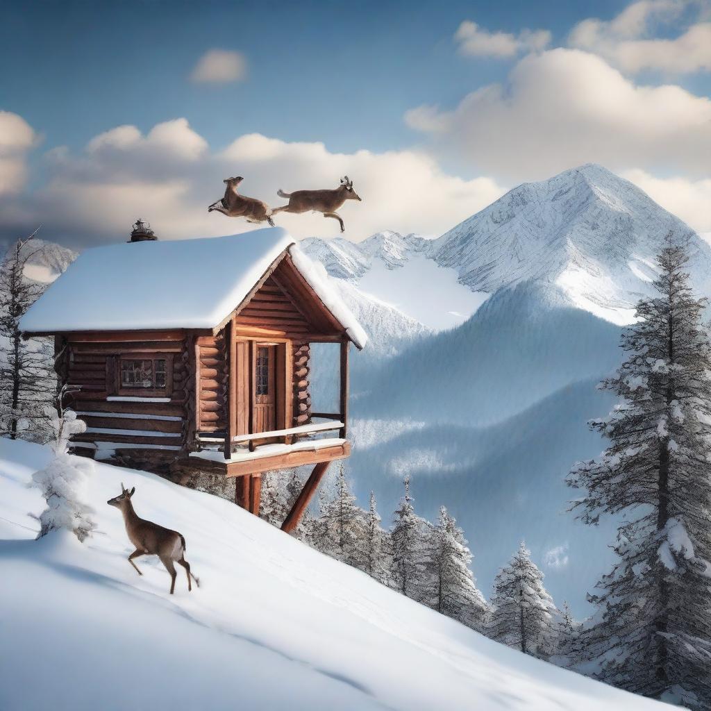 On the peak of a snowy mountain, a wooden cabin, and a deer leaping gracefully in the area below.