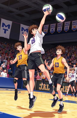 A dynamic scene from a volleyball match, featuring tall high school boys energetically playing on a court