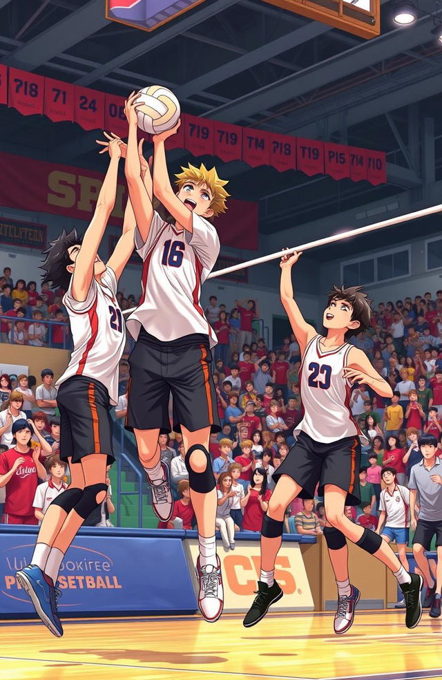 A dynamic scene from a volleyball match, featuring tall high school boys energetically playing on a court