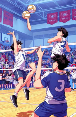 A dynamic scene from a volleyball match, featuring tall high school boys energetically playing on a court