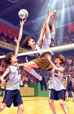 A dynamic scene from a volleyball match, featuring tall high school boys energetically playing on a court