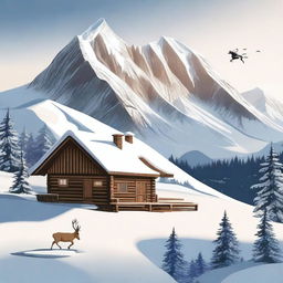 On the peak of a snowy mountain, a wooden cabin, and a deer leaping gracefully in the area below.