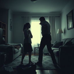 A stark and emotional scene depicting a domestic environment where a man is showing aggressive body language toward a woman who appears distressed