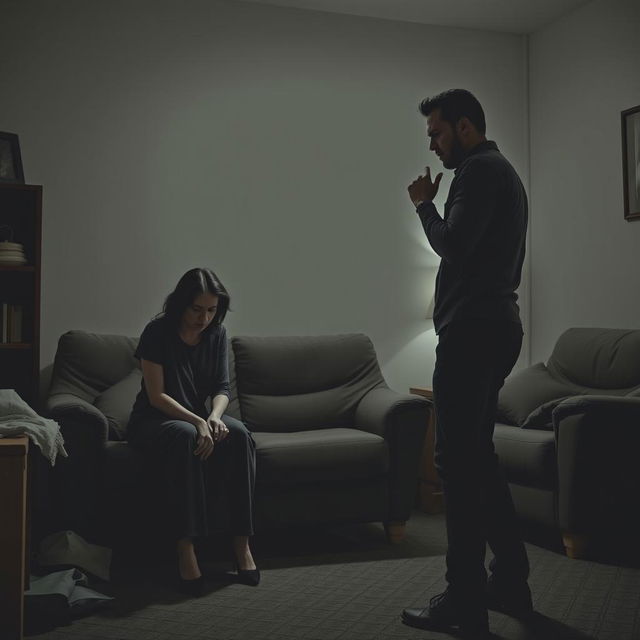 A stark and emotional scene depicting a domestic environment where a man is showing aggressive body language toward a woman who appears distressed