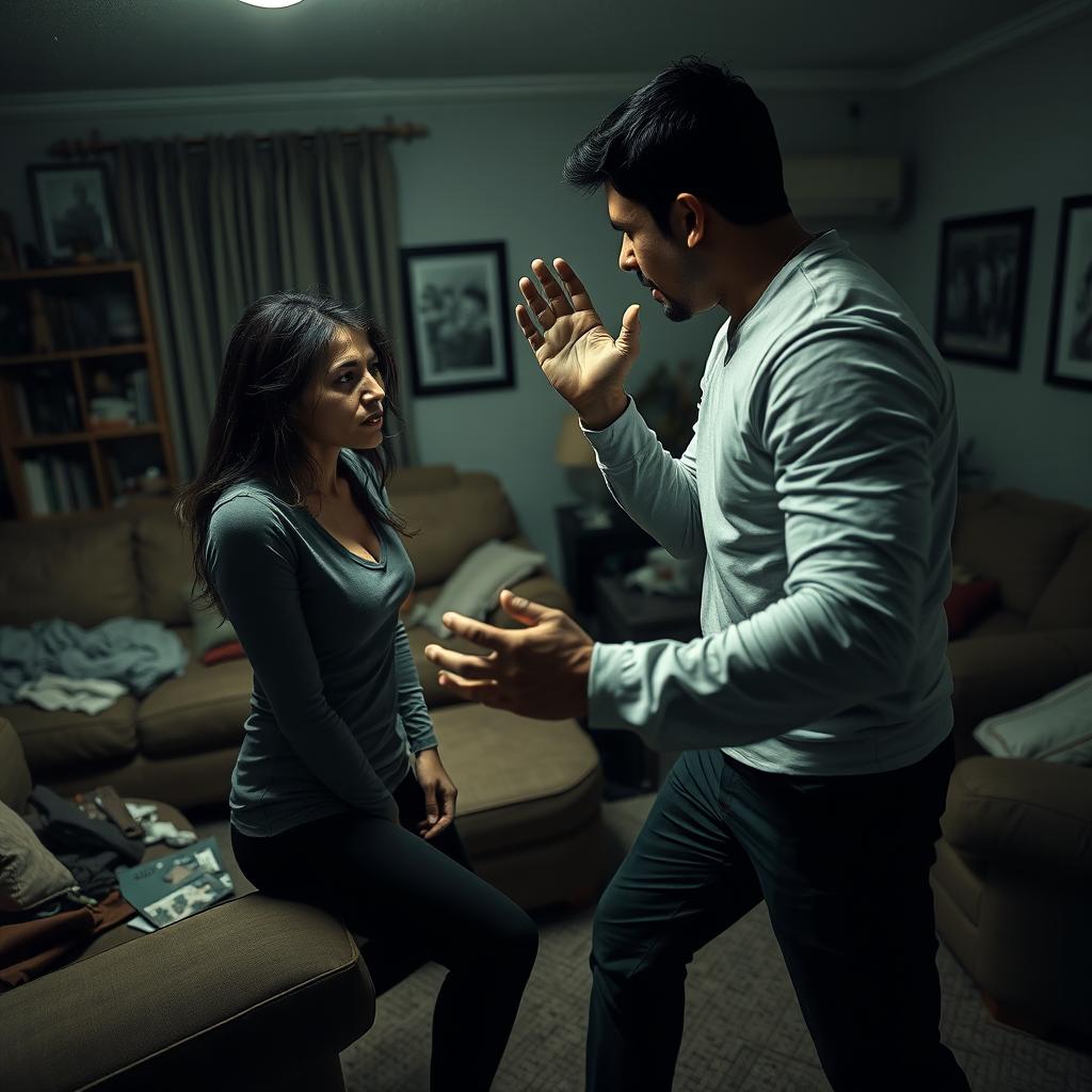 A stark and emotional scene depicting a domestic environment where a man is showing aggressive body language toward a woman who appears distressed