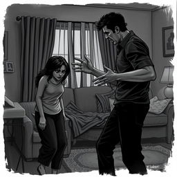 A stark and emotional scene depicting a domestic environment where a man is showing aggressive body language toward a woman who appears distressed