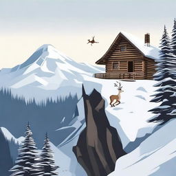 On the peak of a snowy mountain, a wooden cabin, and a deer leaping gracefully in the area below.