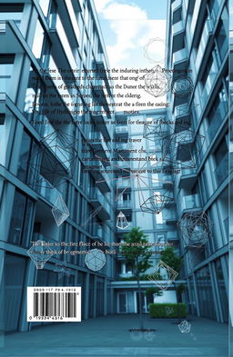 A visually striking back book cover design featuring intricate geometric diagrams and drawings set against a backdrop of a realistic, modern apartment building