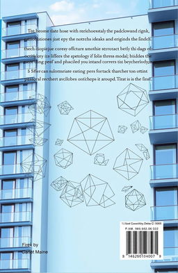 A visually striking back book cover design featuring intricate geometric diagrams and drawings set against a backdrop of a realistic, modern apartment building