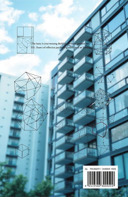 A visually striking back book cover design featuring intricate geometric diagrams and drawings set against a backdrop of a realistic, modern apartment building