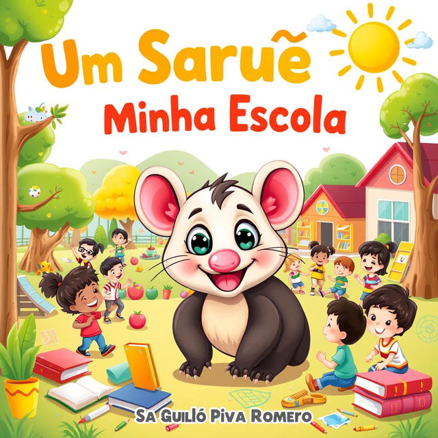 A colorful and enchanting children's book cover titled 'Um Saruê na Minha Escola' by Saulo Piva Romero