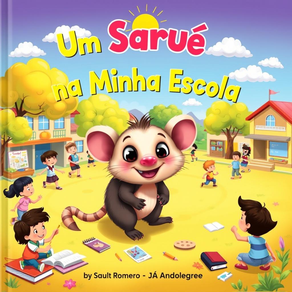 A colorful and enchanting children's book cover titled 'Um Saruê na Minha Escola' by Saulo Piva Romero