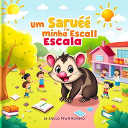 A colorful and enchanting children's book cover titled 'Um Saruê na Minha Escola' by Saulo Piva Romero