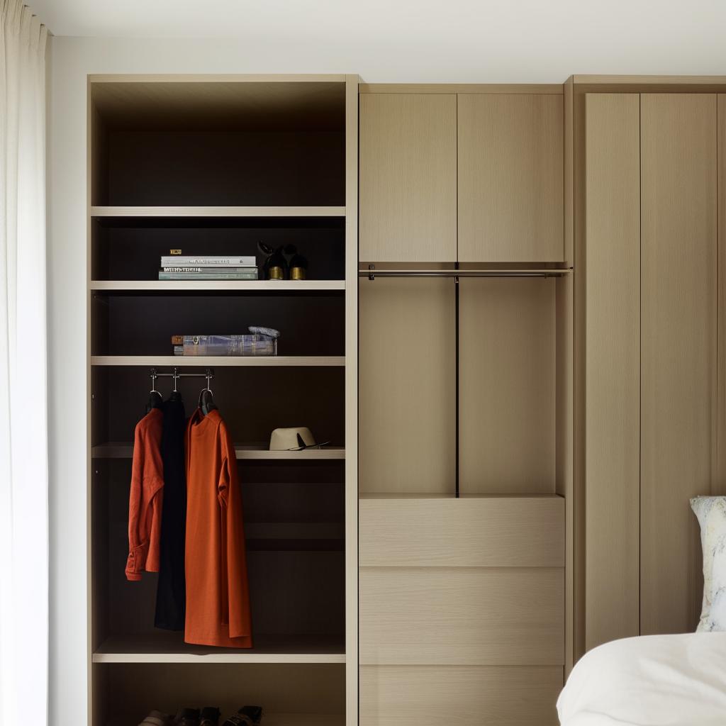 A tastefully designed bedroom wall transformed into a stylish TV cabinet wall unit, complete with an integrated clothing cabinet.