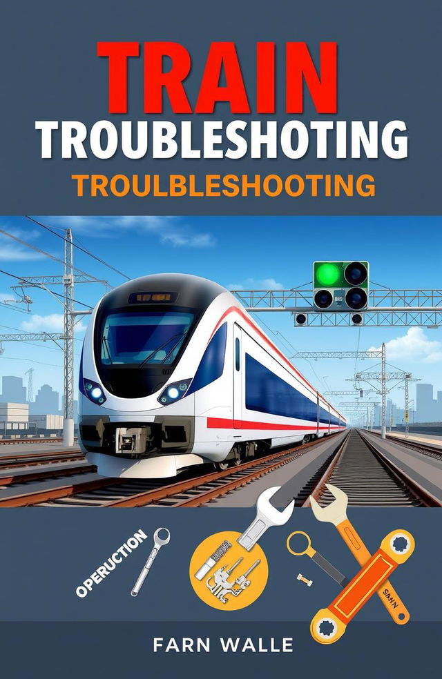 A detailed and visually engaging instructional book cover for train operations troubleshooting