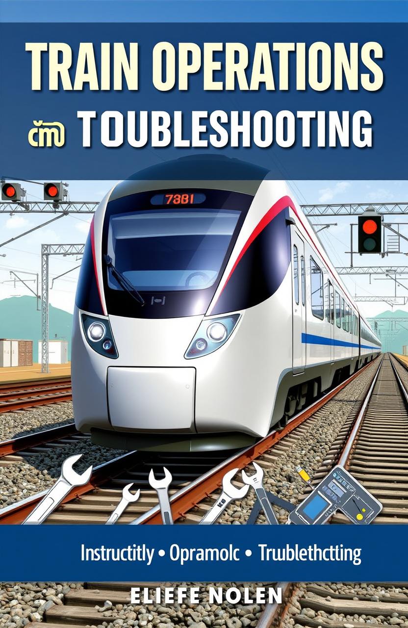 A detailed and visually engaging instructional book cover for train operations troubleshooting