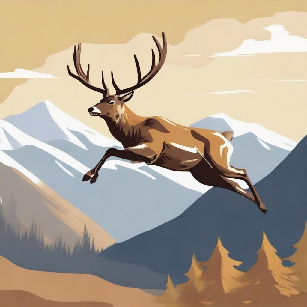 A male deer, with a white chest and ochre colors, and prominent antlers, leaping with a far-off mountain in the backdrop, topped with a quaint wooden cabin