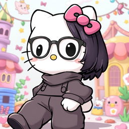 A cute illustration of Hello Kitty with brunette, short black hair, wearing large pants and an oversized shirt