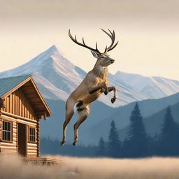 A male deer, with a white chest and ochre colors, and prominent antlers, leaping with a far-off mountain in the backdrop, topped with a quaint wooden cabin