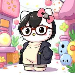 A cute illustration of Hello Kitty with brunette, short black hair, wearing large pants and an oversized shirt