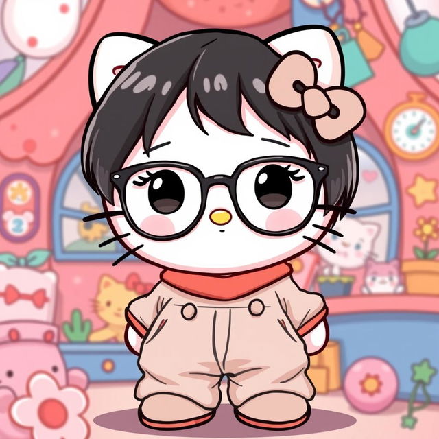 A cute illustration of Hello Kitty with brunette, short black hair, wearing large pants and an oversized shirt