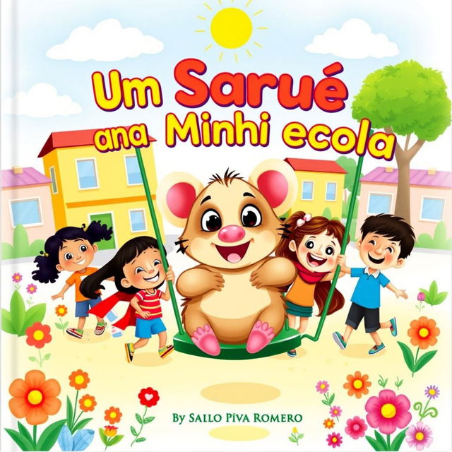 A delightful and colorful children's book cover titled 'Um Saruê na Minha Escola' by Saulo Piva Romero