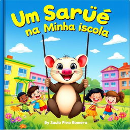A delightful and colorful children's book cover titled 'Um Saruê na Minha Escola' by Saulo Piva Romero