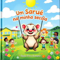 A delightful and colorful children's book cover titled 'Um Saruê na Minha Escola' by Saulo Piva Romero
