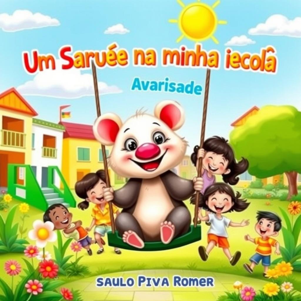 A delightful and colorful children's book cover titled 'Um Saruê na Minha Escola' by Saulo Piva Romero