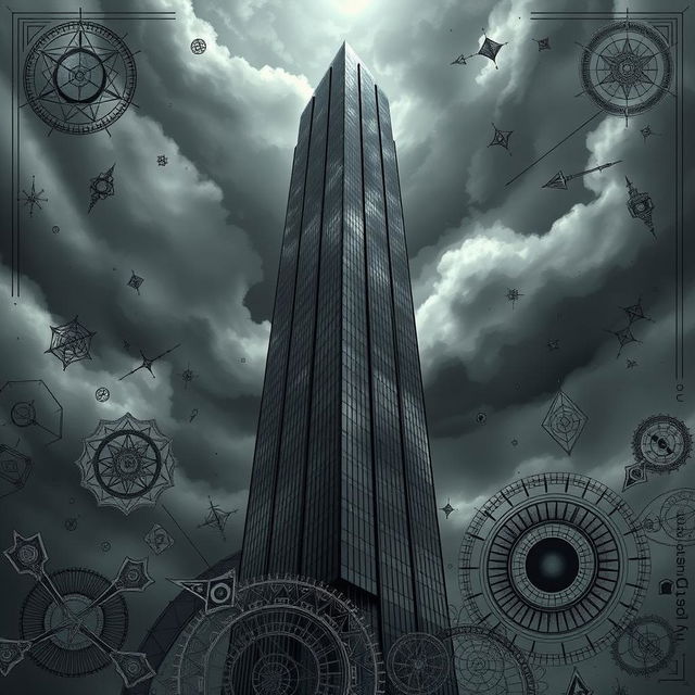 An ominous depiction of a real-life skyscraper, towering dramatically against a stormy sky