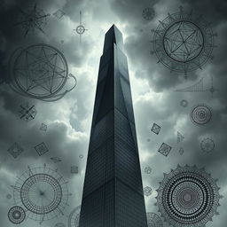 An ominous depiction of a real-life skyscraper, towering dramatically against a stormy sky