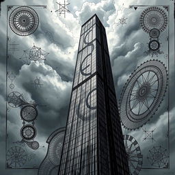 An ominous depiction of a real-life skyscraper, towering dramatically against a stormy sky