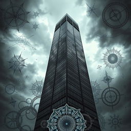 An ominous depiction of a real-life skyscraper, towering dramatically against a stormy sky