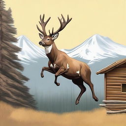 A male deer, with a white chest and ochre colors, and prominent antlers, leaping with a far-off mountain in the backdrop, topped with a quaint wooden cabin