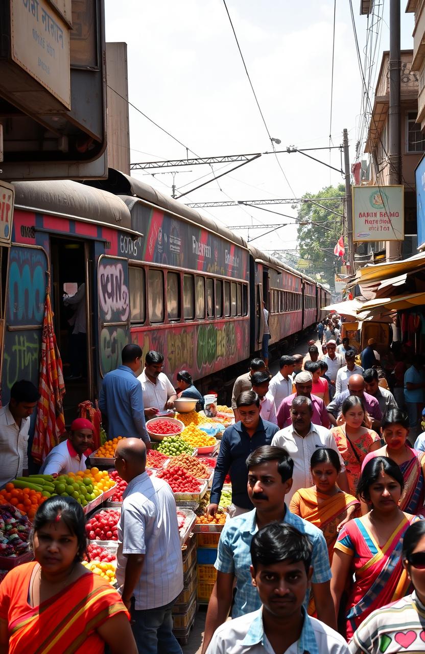 A dynamic urban scene capturing the essence of Mumbai, featuring a local train in the background